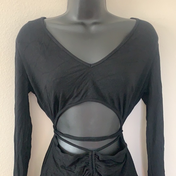 Princess Polly Noa Black Long Sleeve Ribbed Cut Out Criss Cross Tie Mini Dress - Picture 4 of 11